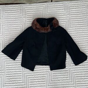 60s Lilli Ann Black Wool Boucle Mink Fur Collar Jacket & Blouse